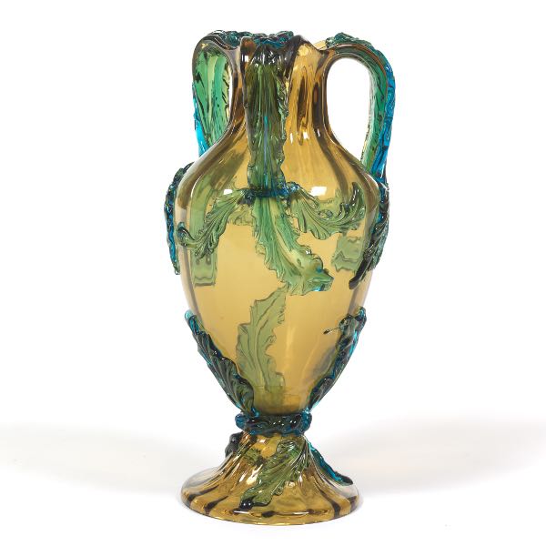 Appraisal: MOSER AMBER AND BLUE GREEN TRI-HANDLE GLASS VASE CA Elegant