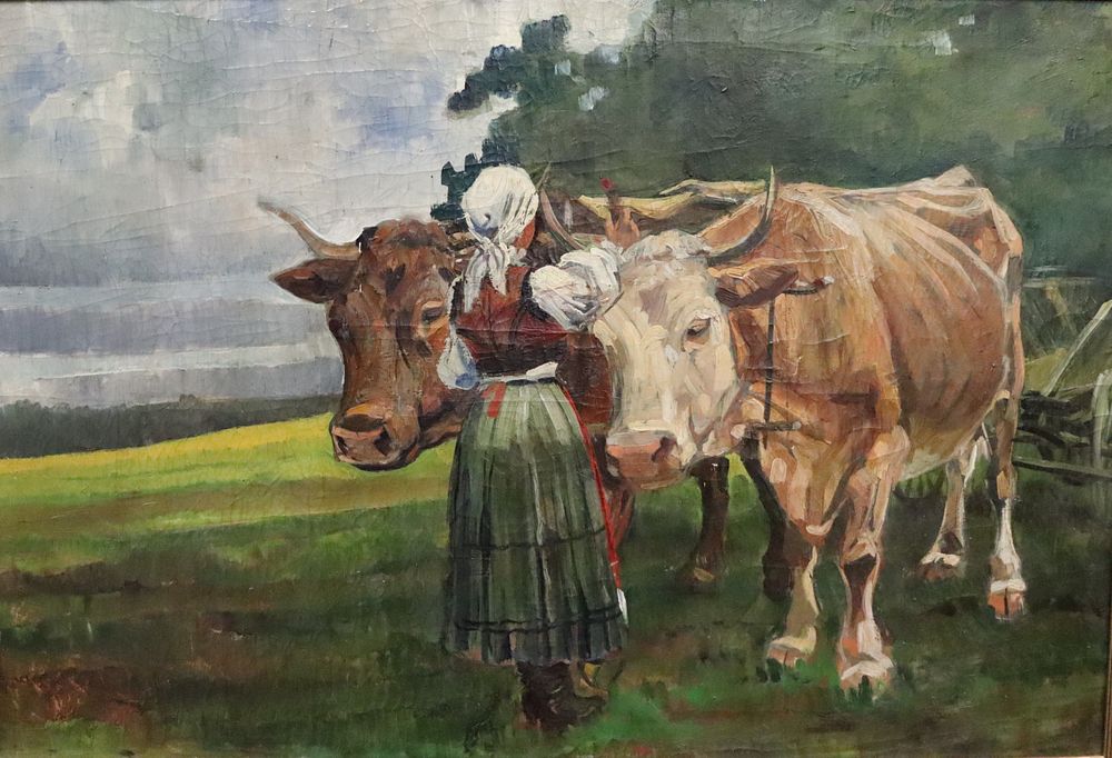 Appraisal: UNSIGNED OIL ON CANVAS YOUNG LADY WITH COWS from a