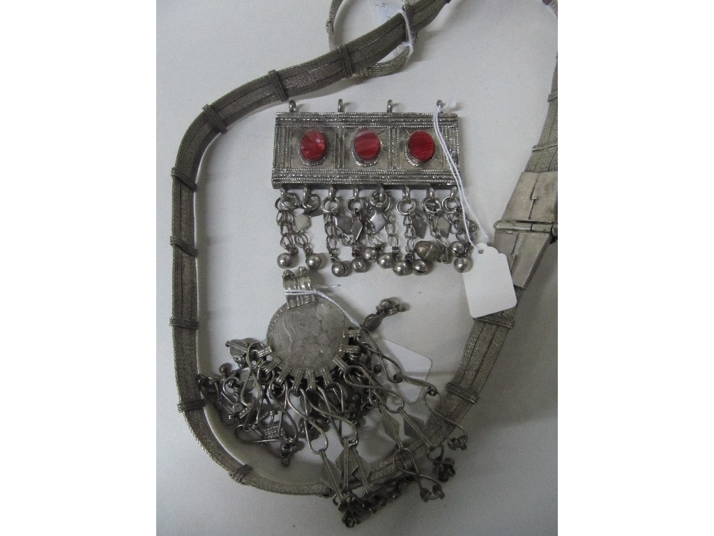 Appraisal: Box of Ethnic silver plated costume ware - belt tassels