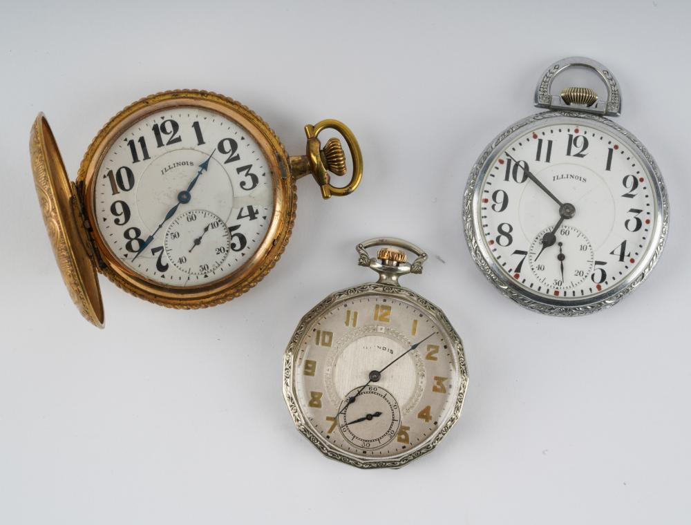 Appraisal: THREE ILLINOIS WATCH CO POCKET WATCHESthe st Gelbros open watch