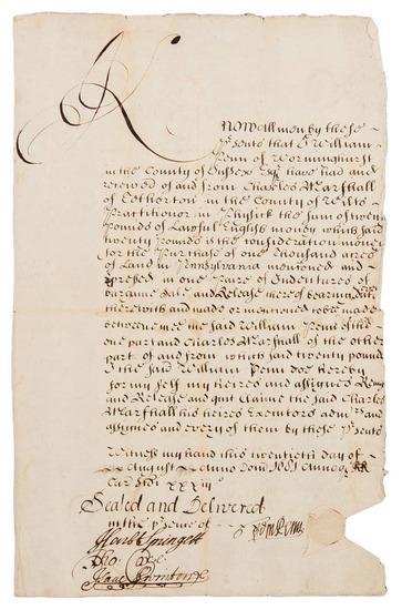 Appraisal: PENN William Manuscript document signed and sealed by Penn with