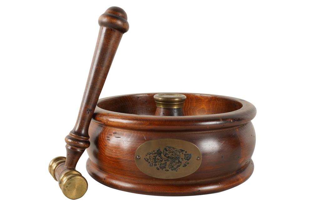 Appraisal: WOOD BRASS NUTCRACKERwith mallet inches diameter Condition