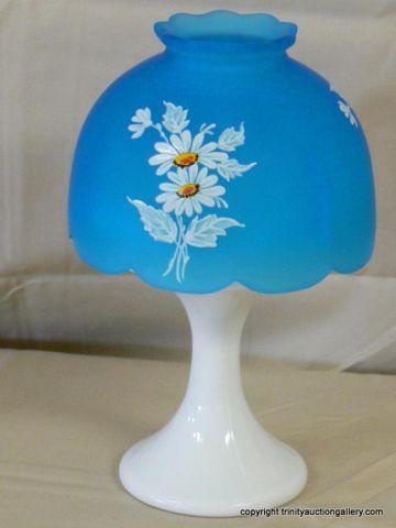 Appraisal: Hand Painted Blue Frosted Glass Tea Lamp - two piece