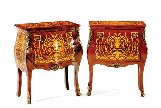 Appraisal: Pair French style inlaid mahogany bedside cabinets shaped top with