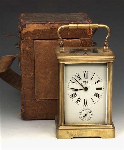 Appraisal: A FRENCH REPEATER CARRIAGE CLOCK with brass case and white