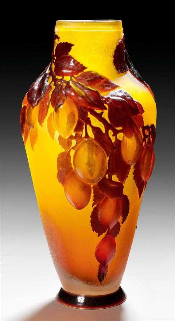 Appraisal: GALL MILE VASE circa Yellow acid-etched blown glass with orange