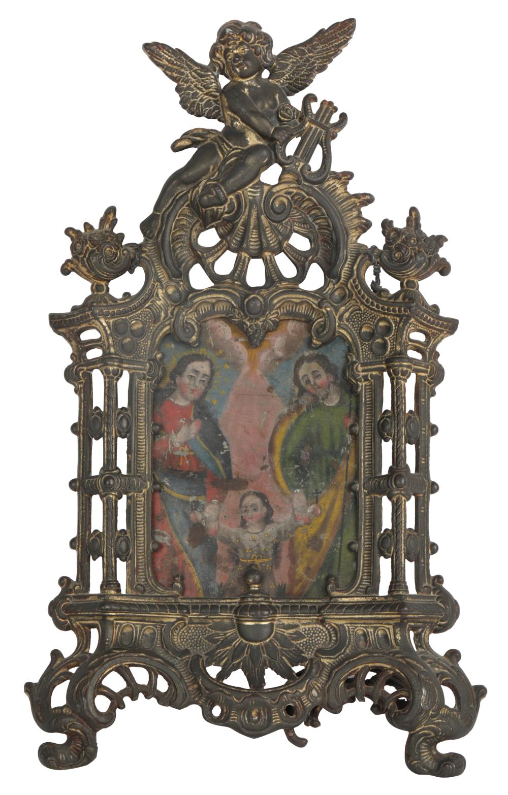 Appraisal: RELIGIOUS PAINTED PANELoil on metal in a patinated gilt metal