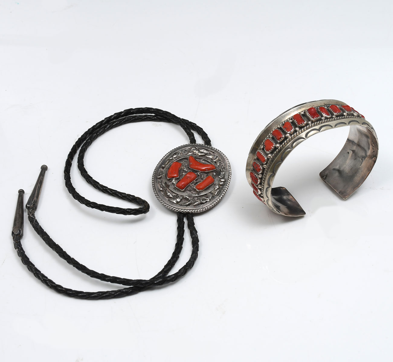 Appraisal: NATIVE AMERICAN INDIAN SILVER RED CORAL CUFF BRACELET BOLO random