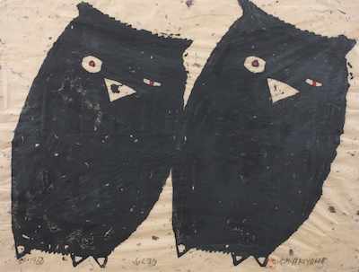 Appraisal: Iwao Akiyama Japanese b Two Owls Woodblock print on handmade