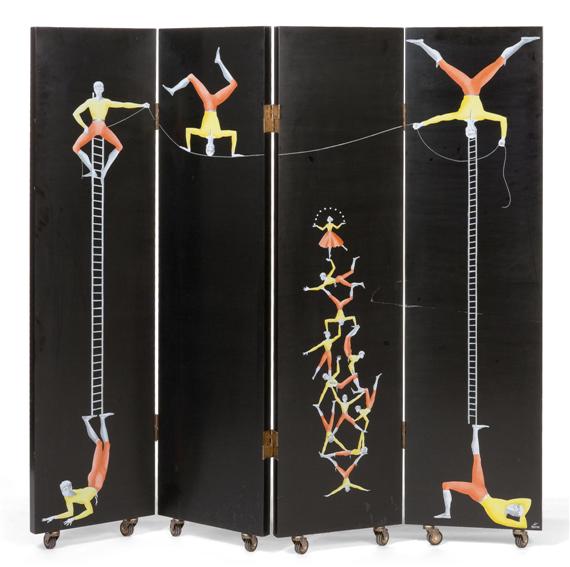 Appraisal: FORNASETTI PIERO - FOLDING SCREEN decorated with acrobats designed for