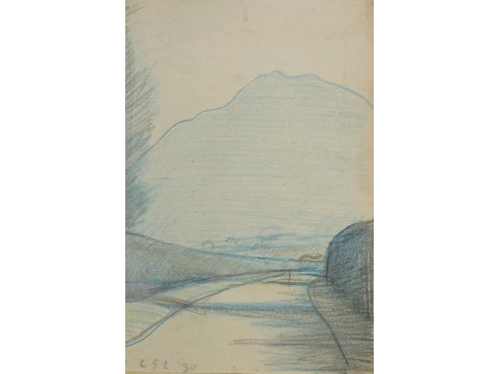 Appraisal: ATTRIBUTED TO L S LOWRYPENCIL AND BLUE CRAYON DRAWINGCountry road