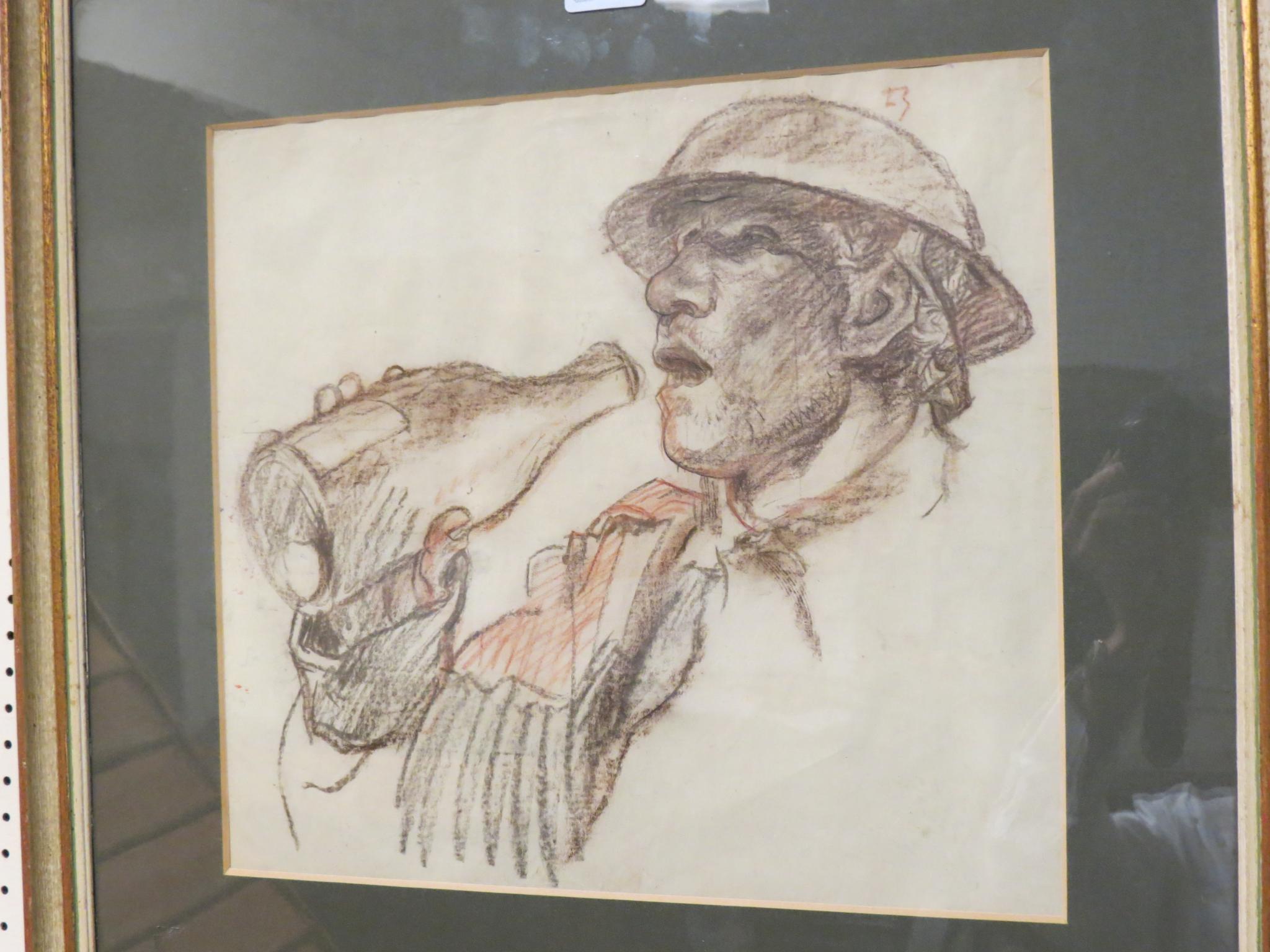 Appraisal: Sir Frank Brangwyn - chalk drawing WWI soldier drinking from