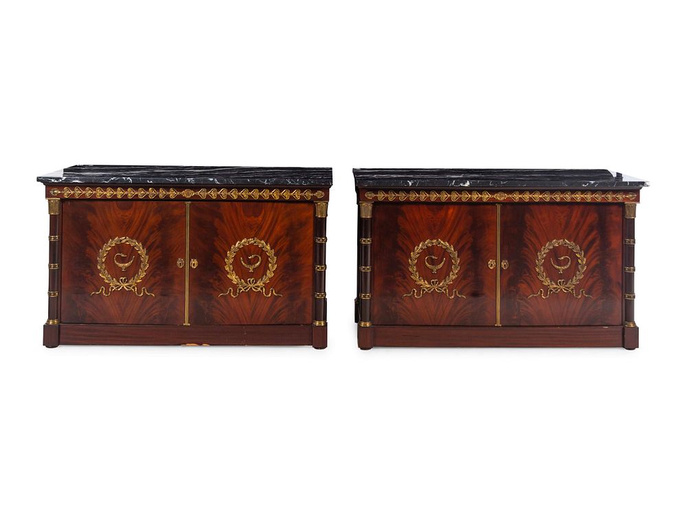 Appraisal: A Pair of Empire Style Gilt Bronze Mounted Mahogany Marble-Top