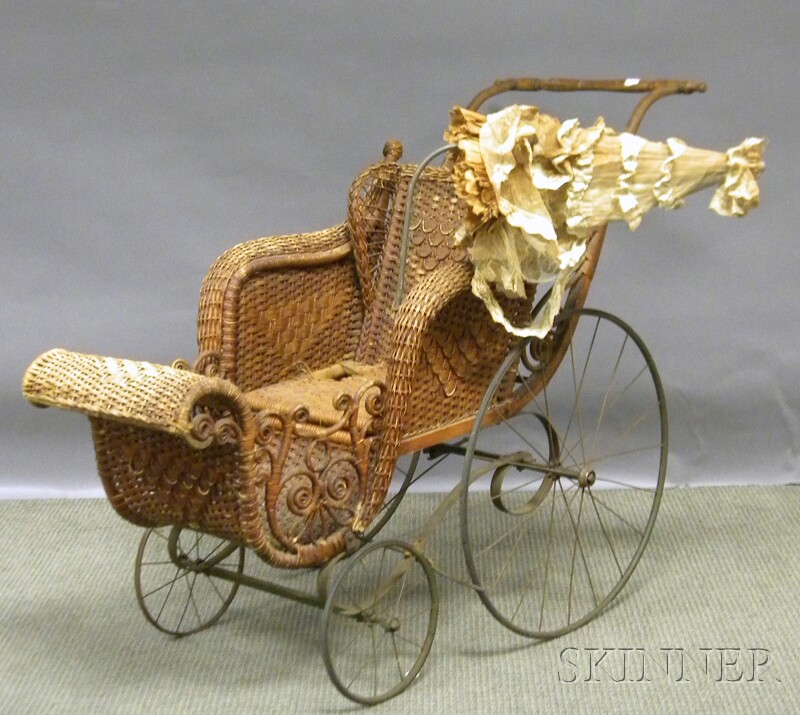 Appraisal: Victorian Fancy Woven Wicker and Iron Pram Stroller with Parasol