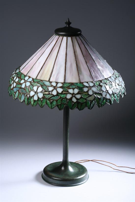 Appraisal: AMERICAN ART GLASS AND BRONZE TABLE LAMP Probably Handel unsigned