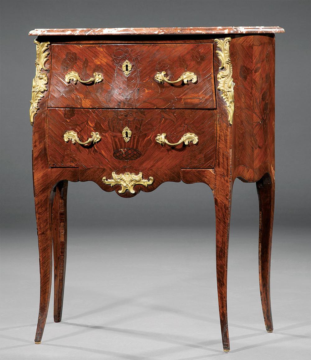 Appraisal: Antique Louis XV-Style Bronze-Mounted Marquetry and Kingwood Petite Bombe Commode