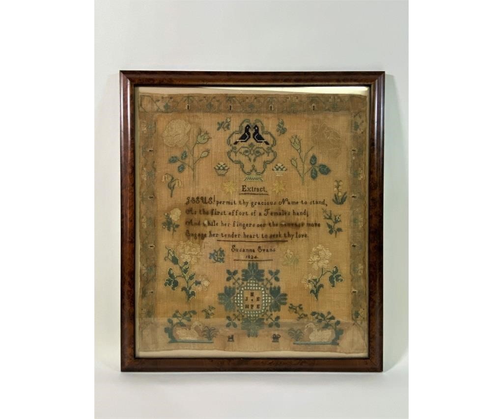 Appraisal: Silk on linen sampler with verse wrought by Susanna Evans