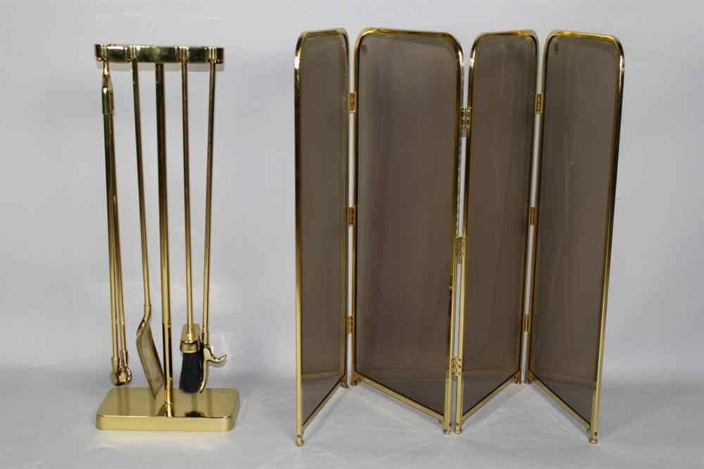 Appraisal: BRASS FRAMED SMOKED GLASS FOUR-PANEL FIRESCREEN AND MATCHING FIRE TOOL