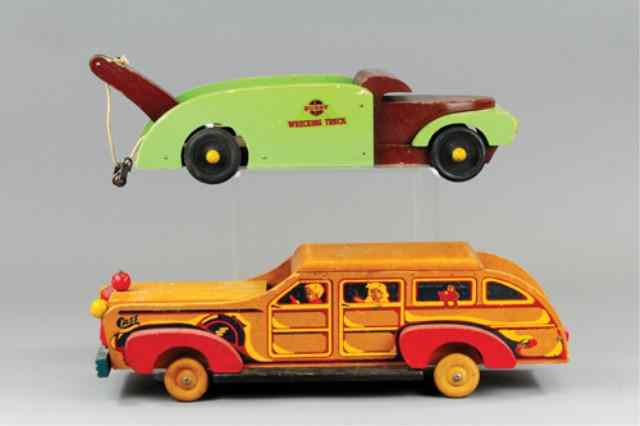 Appraisal: LOT OF TWO WOODEN VEHICLES Includes Buddy 'L' Wrecking Truck