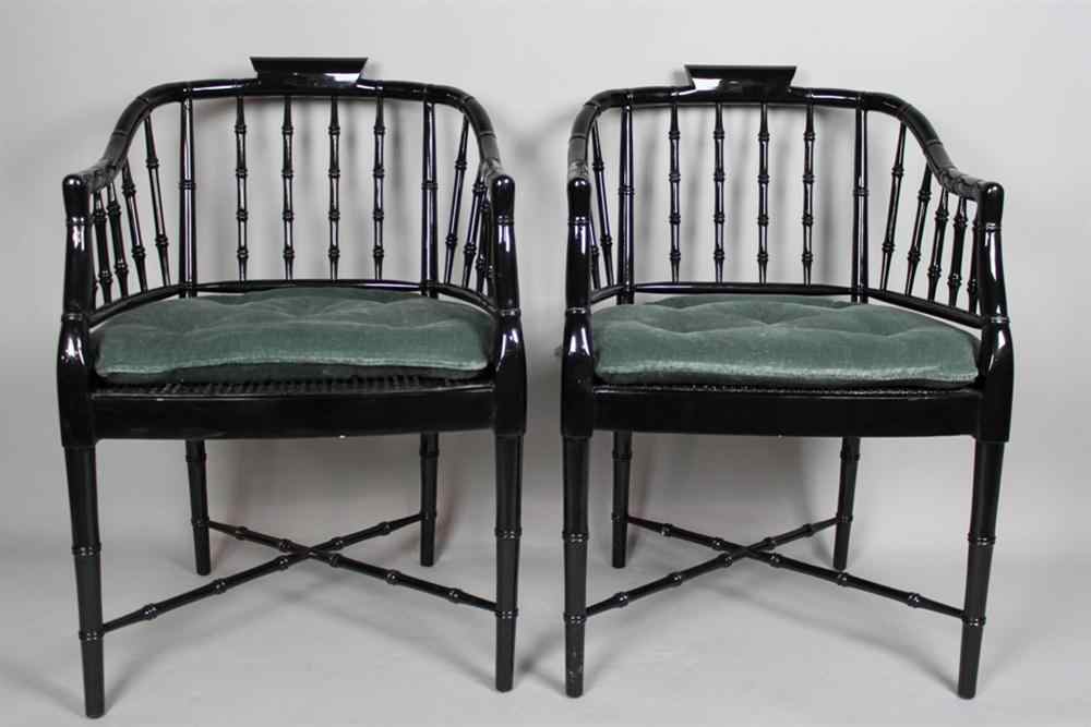 Appraisal: PAIR OF GEORGE III STYLE BLACK LACQUER ARM CHAIRS Each