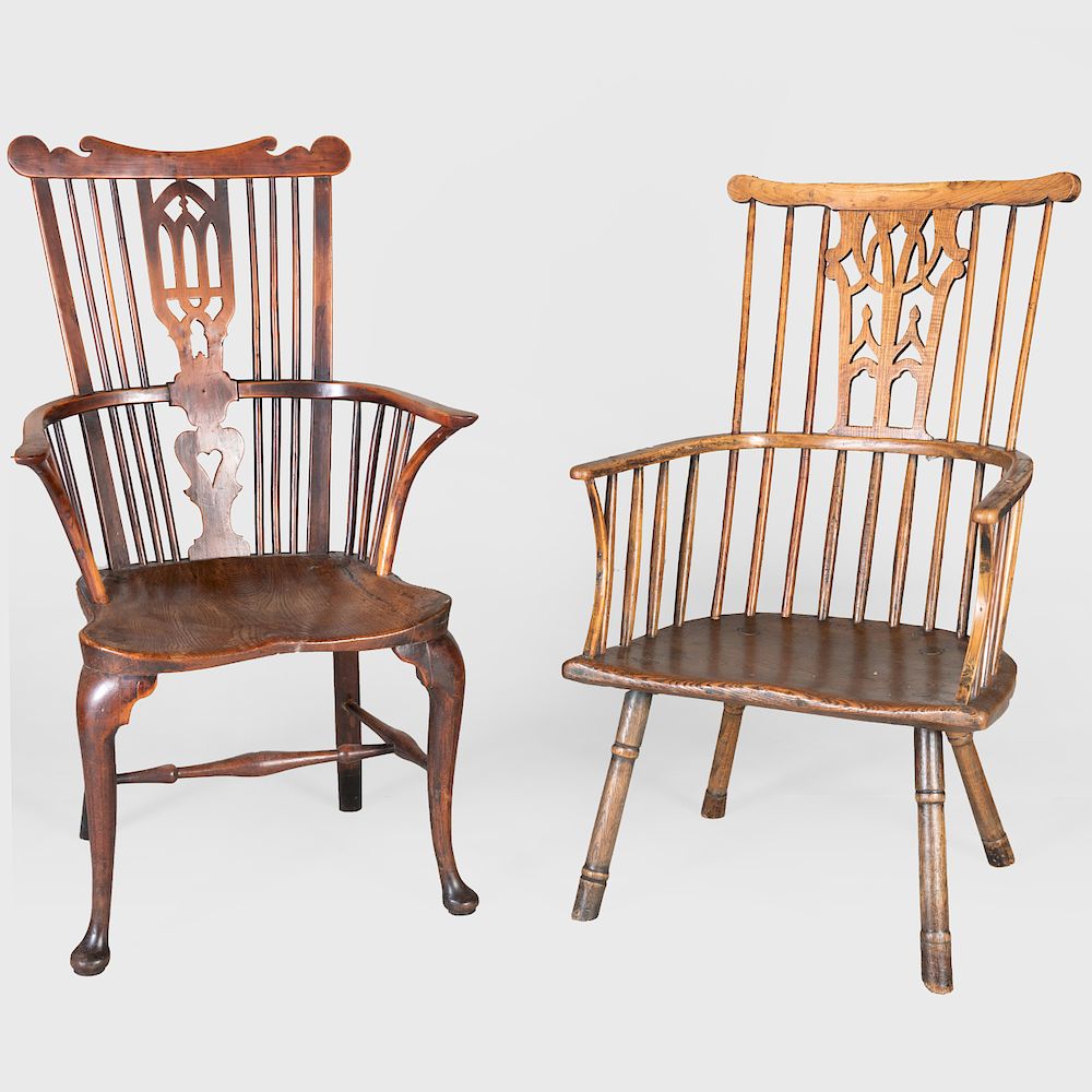 Appraisal: Two Similar Victorian Gothic Revival Oak Comb Back Windsor Armchairs