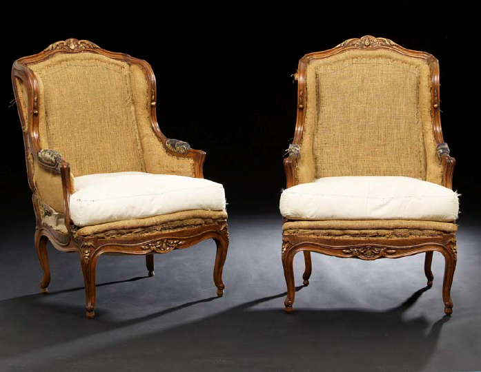 Appraisal: Pair of Louis XV-Style Carved Fruitwood Bergeres late th century