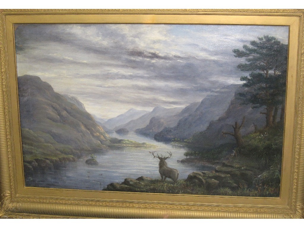 Appraisal: Oil on canvas Highland landscape with a stag monogrammed lower