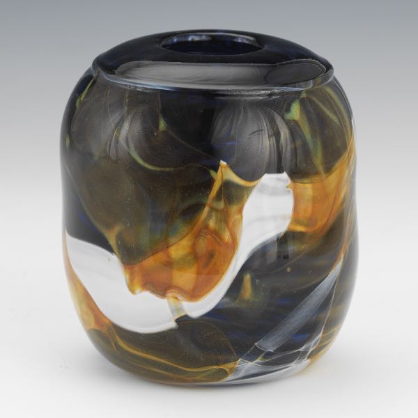 Appraisal: KENNETH MARINE RIVERSIDE STUDIO ART GLASS VASE x Barrel form