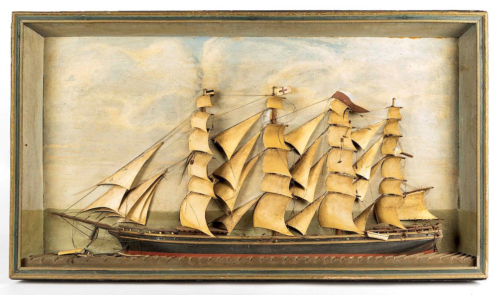 Appraisal: th C Shadow Box Diorama of Tall Ship DESCRIPTION Shadow