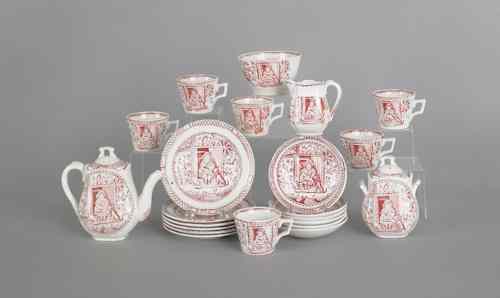 Appraisal: Child's Staffordshire tea service with red transfer decoration of a