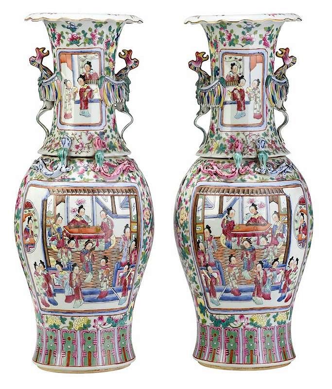 Appraisal: Pair Famille Rose Vases With Phoenix Handles Chinese probably th