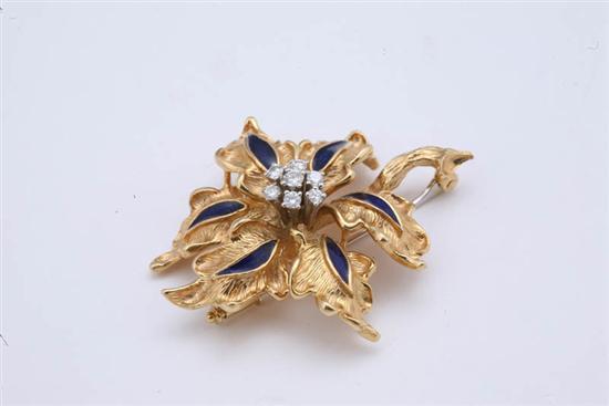 Appraisal: DIAMOND ENAMEL BROOCH Leaf design highlighted by seven full cut