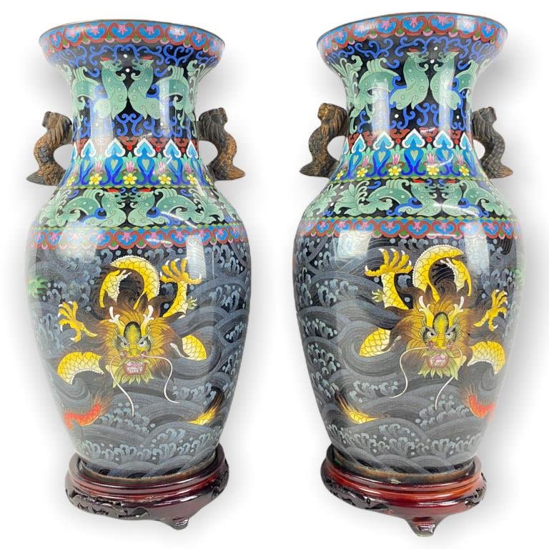 Appraisal: Large Tall Chinese Cloisonne VasesOn Wooden Bases Approximately W Some