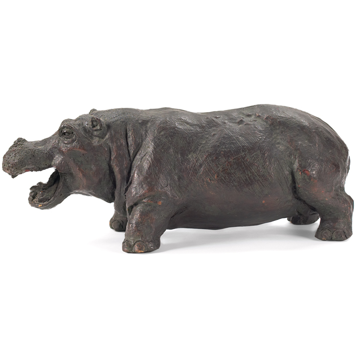 Appraisal: Papier Mache hippo sculpture artist unknown bronzed metallic finish incised