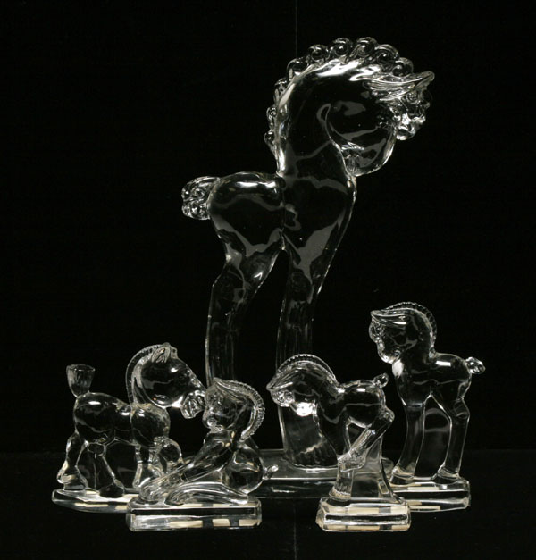 Appraisal: Five Paden City clear molded glass horses Tallest H Good