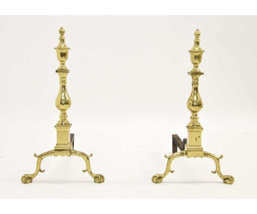 Appraisal: Large pair of Chippendale style brass andirons with ball and