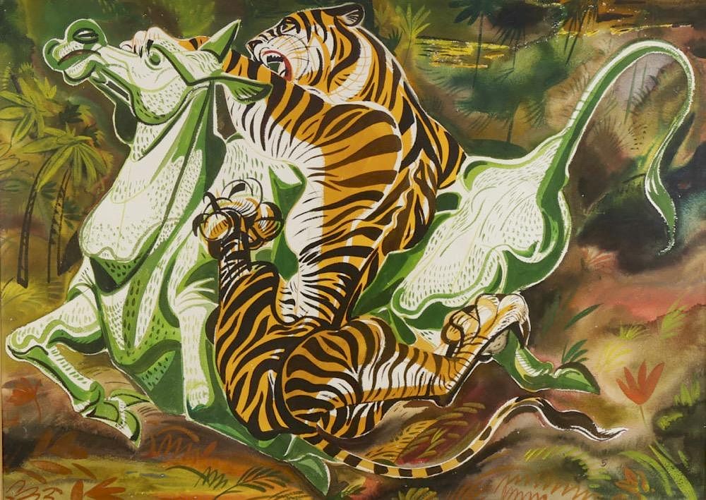 Appraisal: Paul Bough Travis American - Tiger and Green Horse watercolor