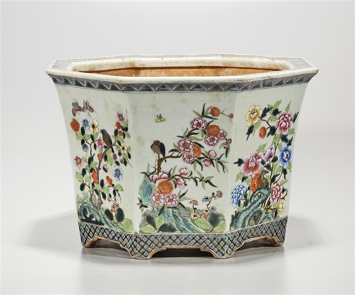 Appraisal: Chinese enameled porcelain octagonal planter with bird and floral motif