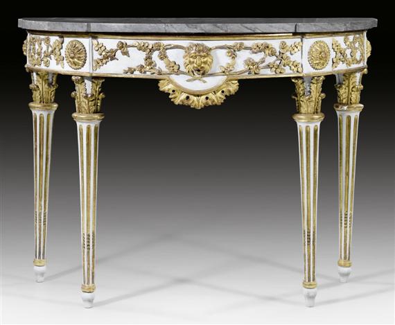 Appraisal: PAINTED DEMI-LUNE CONSOLE A LA TETE DE LION Louis XVI