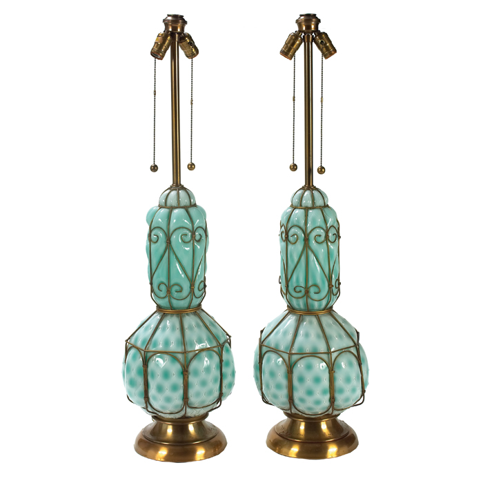 Appraisal: Barovier table lamps pair Italy blown blue and clear glass