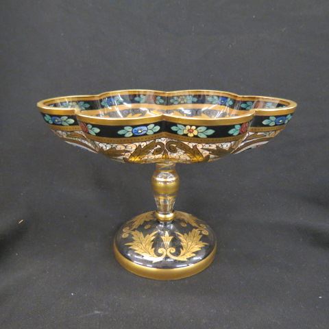 Appraisal: Moser Type Art Glass Compote enameled leaf floral tall across