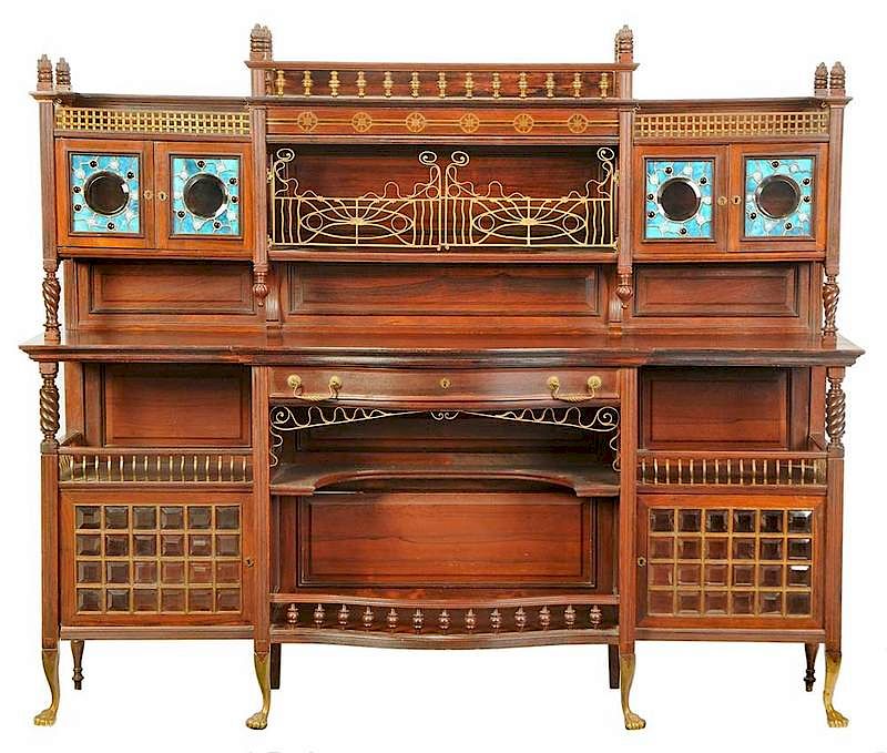 Appraisal: Art Nouveau Rosewood Brass Inlaid Stained Glass Cabinet American late