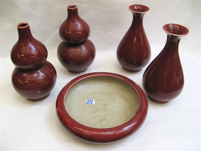 Appraisal: FIVE PIECES OF CHINESE POTTERY Sang de Boeuf glaze includes