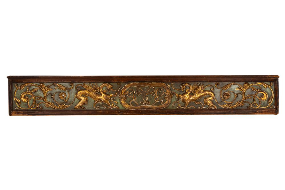 Appraisal: ITALIAN GILT GREEN-PAINTED RELIEF-CARVED WOOD PANEL th century Condition missing