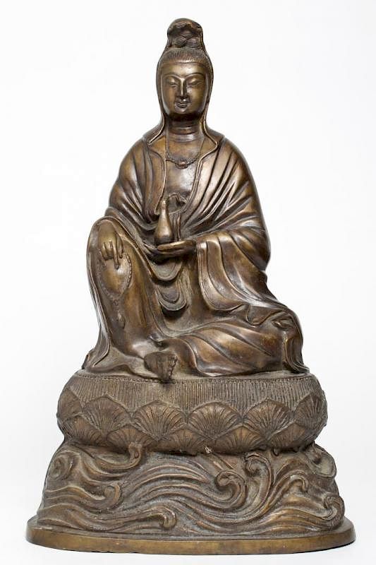 Appraisal: Chinese Bronzed Guanyin Figure Vintage Chinese brown-patinated bronzed metal seated