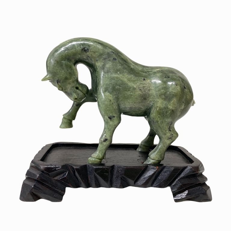 Appraisal: Chinese Hand Carved Jade Horse on Wooden Stand Chinese Hand