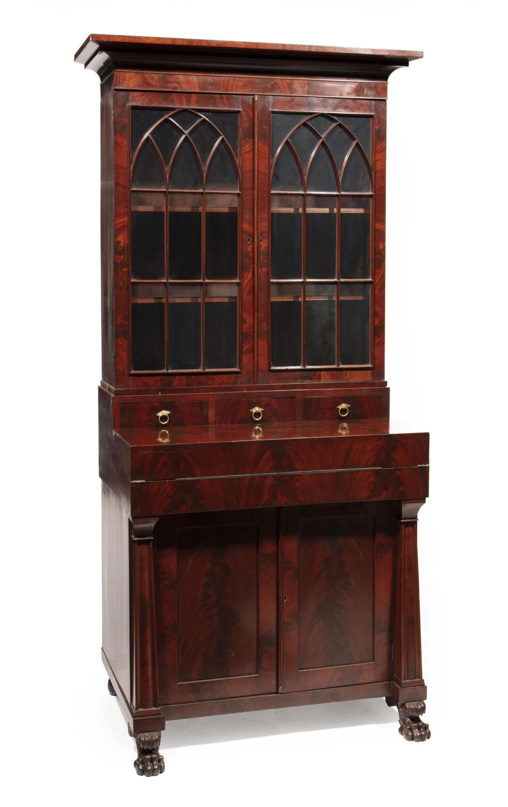 Appraisal: Fine American Classical Carved and Highly-Figured Mahogany Secretary Bookcase c