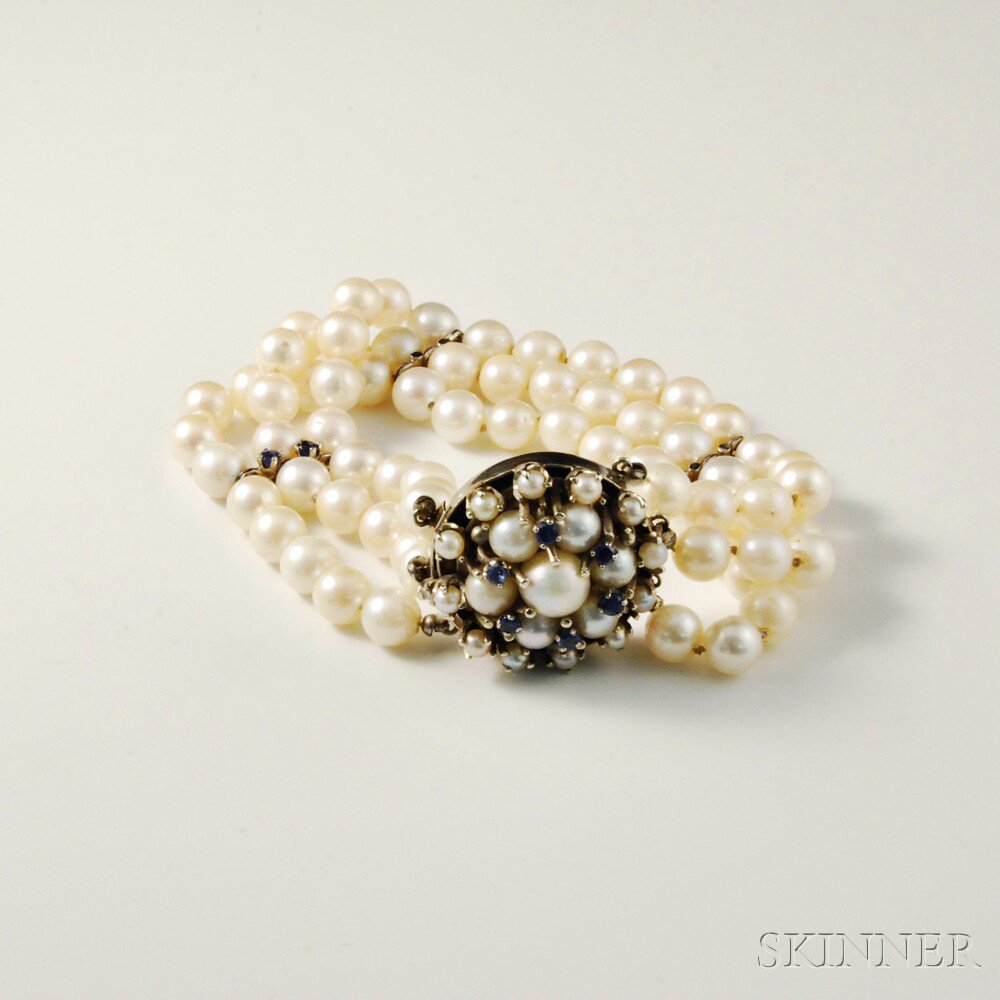 Appraisal: kt White Gold Cultured Pearl and Sapphire Bracelet composed of