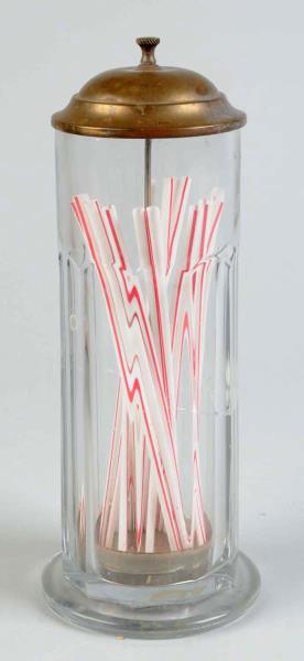 Appraisal: Glass Straw Holder With Brass Lid This straw holder has