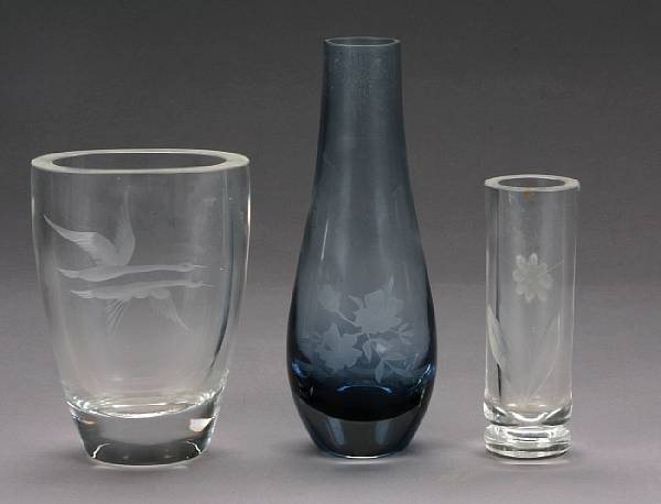 Appraisal: A group of six Swedish engraved glass vases comprising a